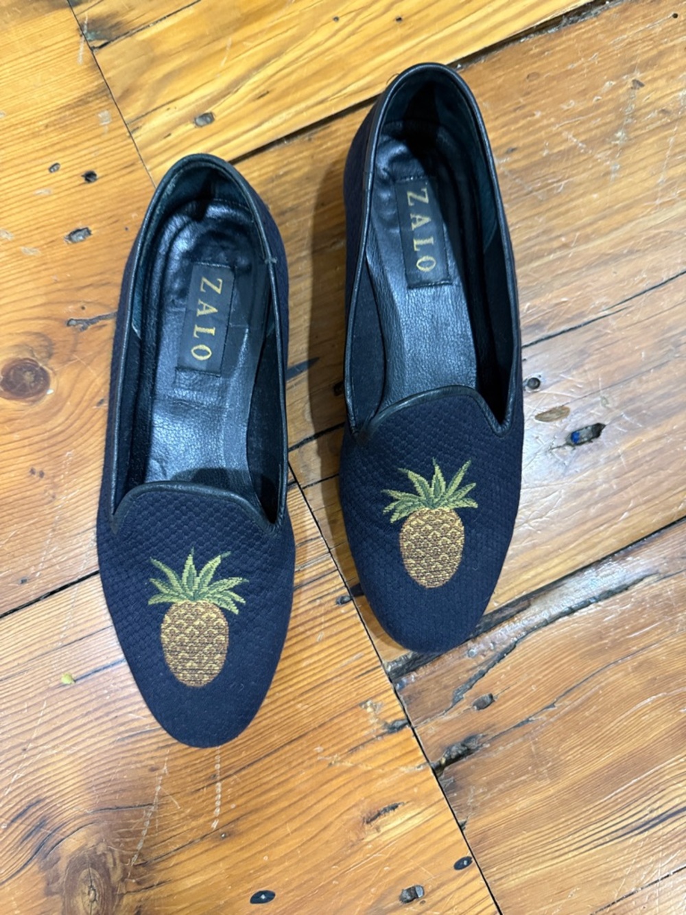 Zalo Black Loafers with Gold & Green Pineapple Embroidery Size 7.5